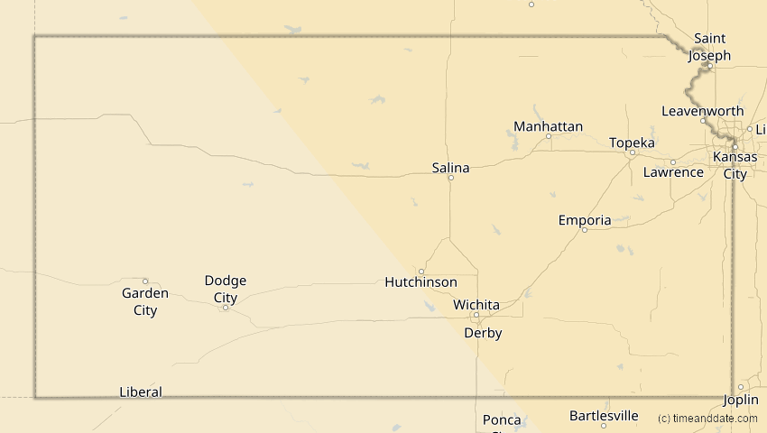 A map of Kansas, USA, showing the path of the 4. Nov 2040 Partielle Sonnenfinsternis