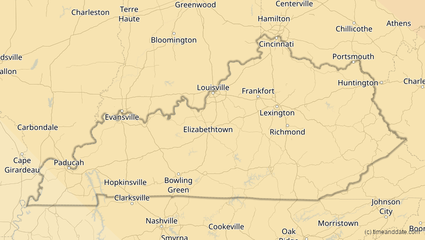 A map of Kentucky, USA, showing the path of the 4. Nov 2040 Partielle Sonnenfinsternis