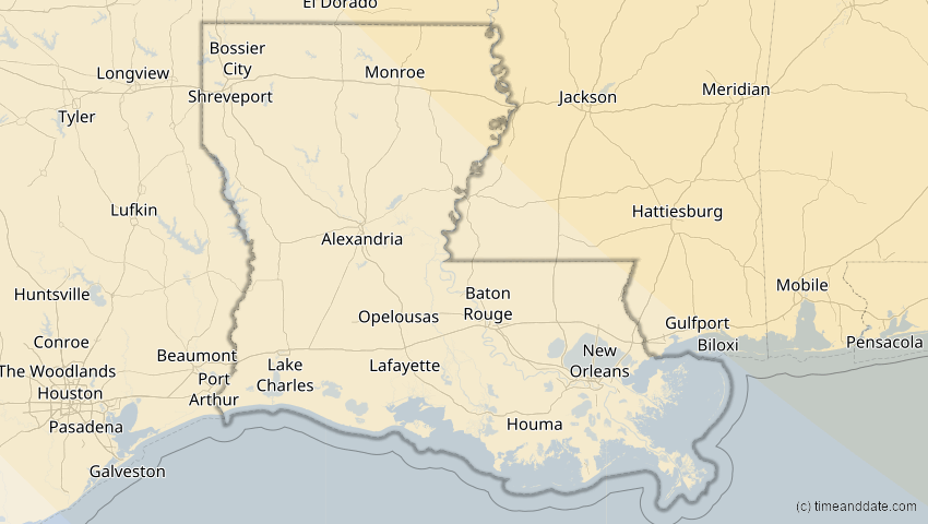 A map of Louisiana, USA, showing the path of the 4. Nov 2040 Partielle Sonnenfinsternis