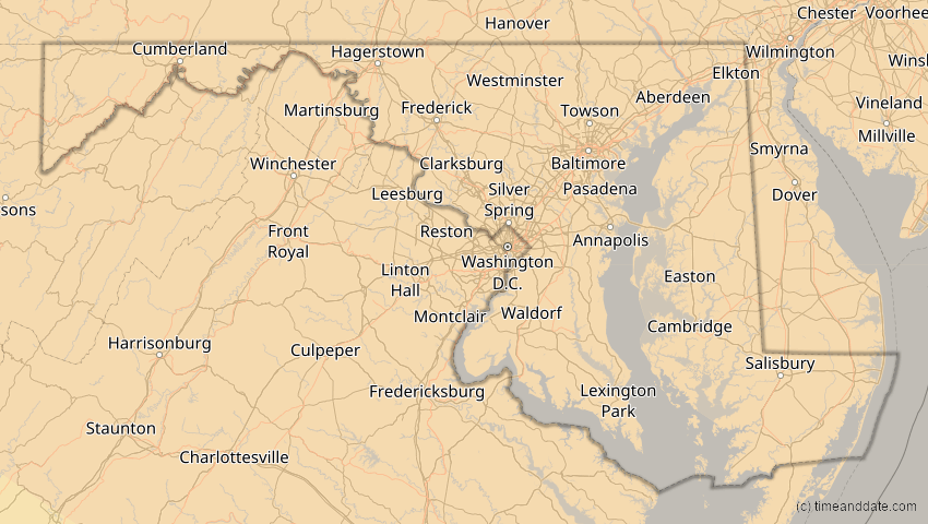 A map of Maryland, USA, showing the path of the 4. Nov 2040 Partielle Sonnenfinsternis