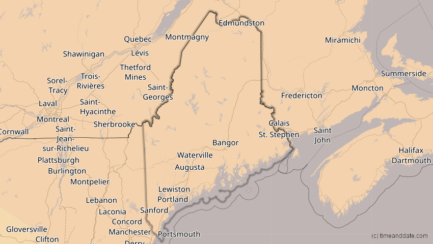 A map of Maine, USA, showing the path of the 4. Nov 2040 Partielle Sonnenfinsternis