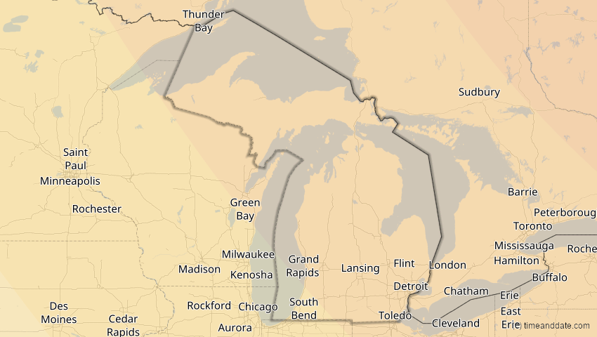 A map of Michigan, USA, showing the path of the 4. Nov 2040 Partielle Sonnenfinsternis