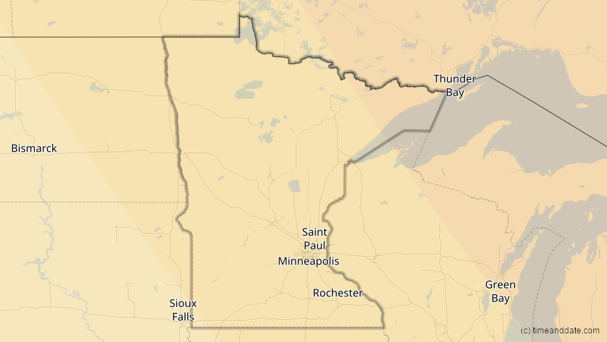 A map of Minnesota, USA, showing the path of the 4. Nov 2040 Partielle Sonnenfinsternis