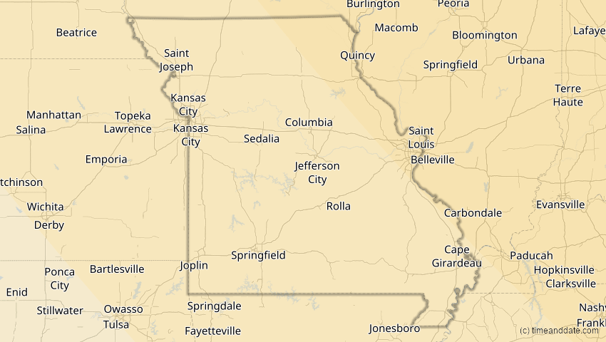 A map of Missouri, USA, showing the path of the 4. Nov 2040 Partielle Sonnenfinsternis