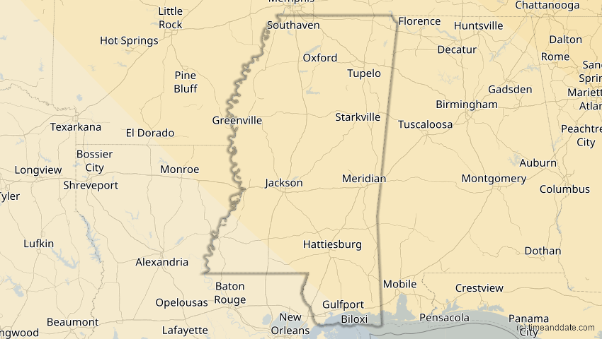 A map of Mississippi, USA, showing the path of the 4. Nov 2040 Partielle Sonnenfinsternis