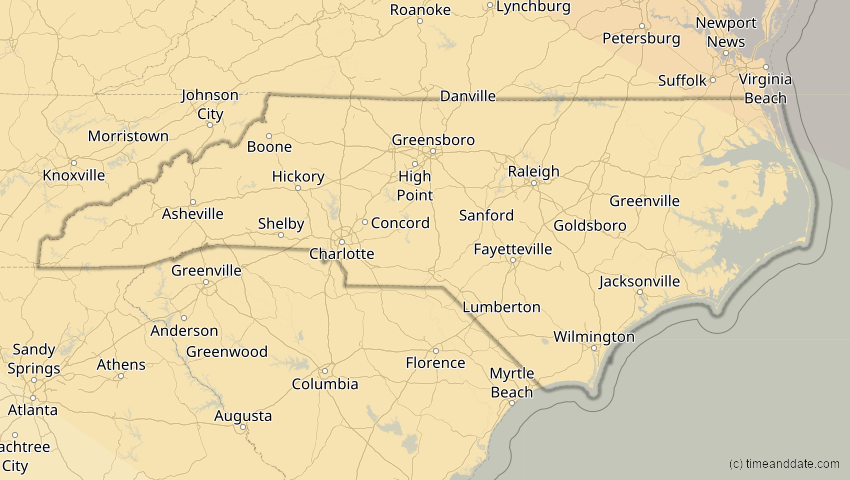 A map of North Carolina, USA, showing the path of the 4. Nov 2040 Partielle Sonnenfinsternis