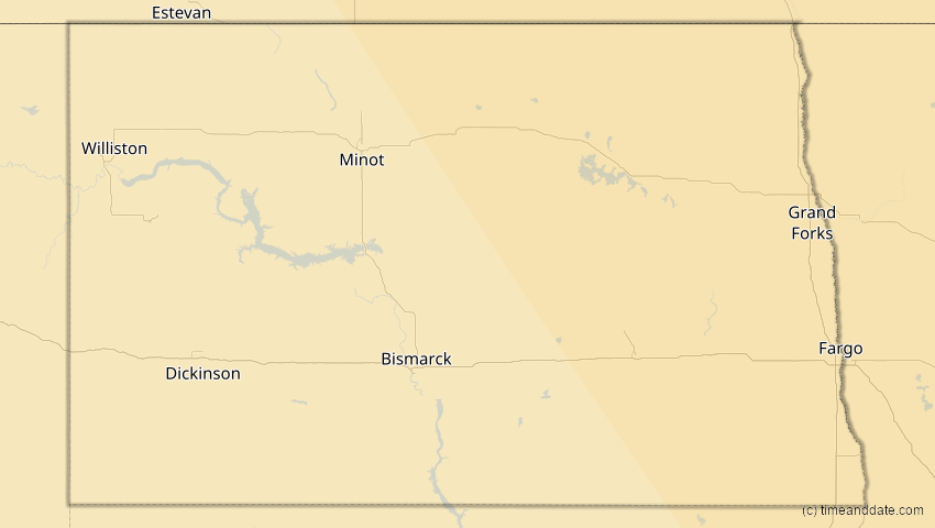 A map of North Dakota, USA, showing the path of the 4. Nov 2040 Partielle Sonnenfinsternis