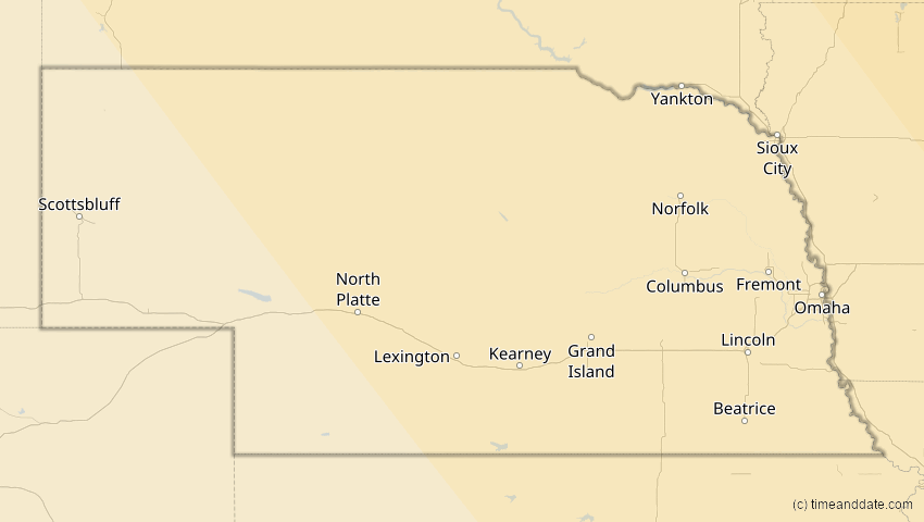 A map of Nebraska, USA, showing the path of the 4. Nov 2040 Partielle Sonnenfinsternis