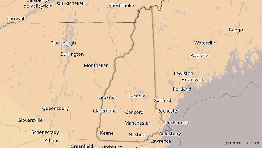 A map of New Hampshire, USA, showing the path of the 4. Nov 2040 Partielle Sonnenfinsternis