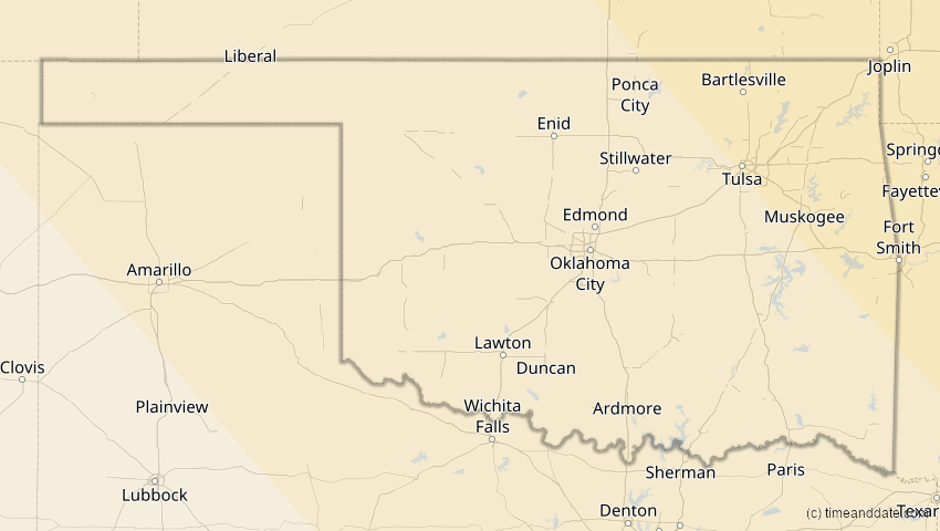A map of Oklahoma, USA, showing the path of the 4. Nov 2040 Partielle Sonnenfinsternis