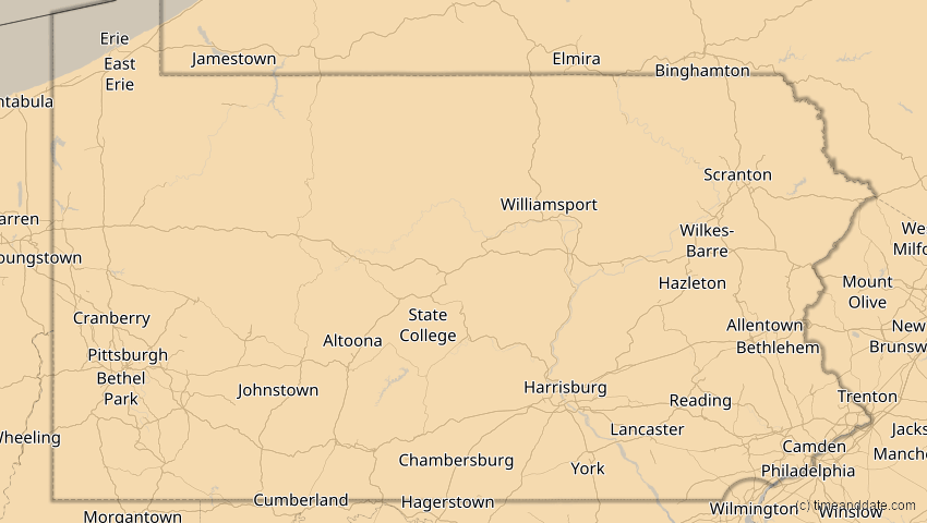 A map of Pennsylvania, USA, showing the path of the 4. Nov 2040 Partielle Sonnenfinsternis