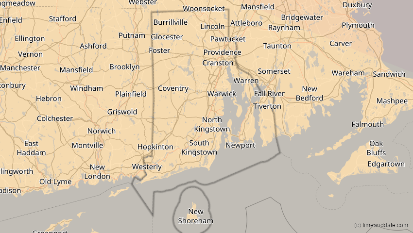 A map of Rhode Island, USA, showing the path of the 4. Nov 2040 Partielle Sonnenfinsternis