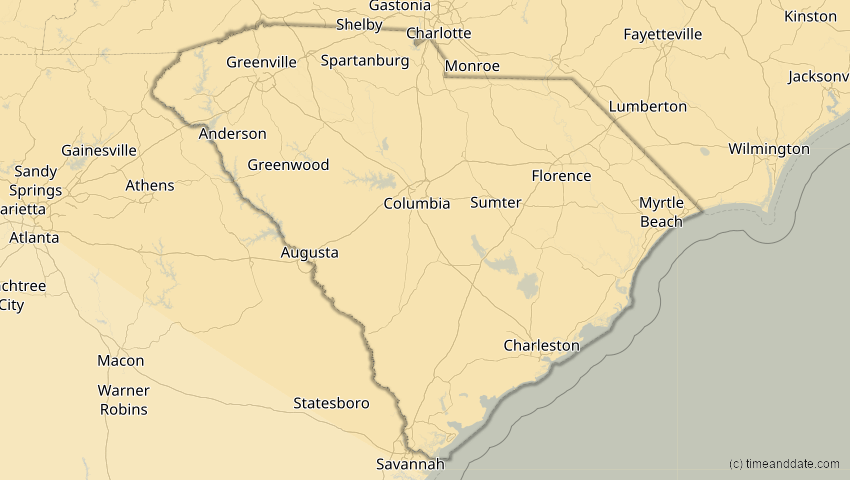 A map of South Carolina, USA, showing the path of the 4. Nov 2040 Partielle Sonnenfinsternis