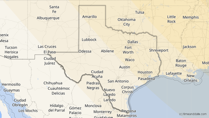 A map of Texas, USA, showing the path of the 4. Nov 2040 Partielle Sonnenfinsternis