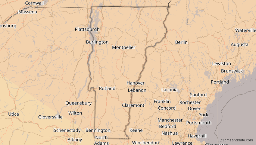 A map of Vermont, USA, showing the path of the 4. Nov 2040 Partielle Sonnenfinsternis