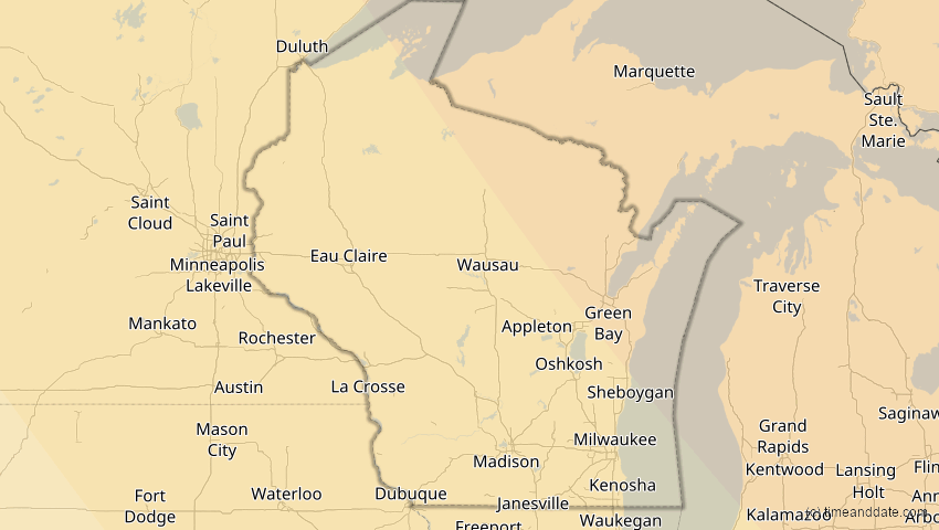A map of Wisconsin, USA, showing the path of the 4. Nov 2040 Partielle Sonnenfinsternis
