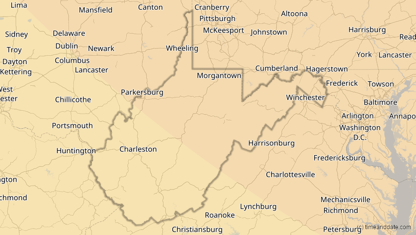 A map of West Virginia, USA, showing the path of the 4. Nov 2040 Partielle Sonnenfinsternis