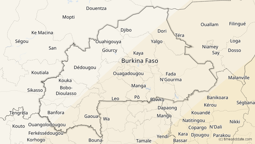 A map of Burkina Faso, showing the path of the 30. Apr 2041 Totale Sonnenfinsternis