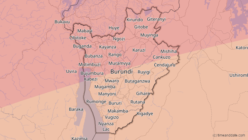 A map of Burundi, showing the path of the 30. Apr 2041 Totale Sonnenfinsternis