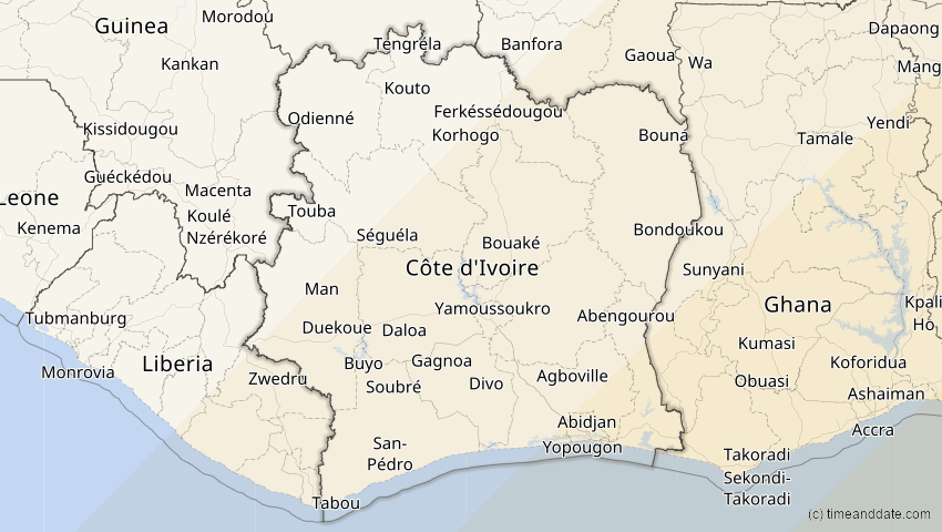 A map of Elfenbeinküste (Côte d'Ivoire), showing the path of the 30. Apr 2041 Totale Sonnenfinsternis