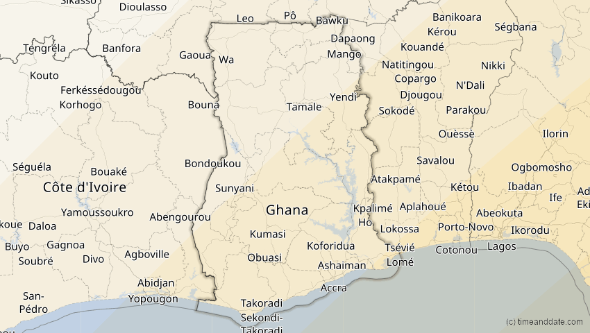 A map of Ghana, showing the path of the 30. Apr 2041 Totale Sonnenfinsternis