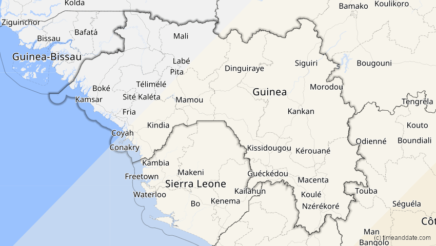 A map of Guinea, showing the path of the 30. Apr 2041 Totale Sonnenfinsternis