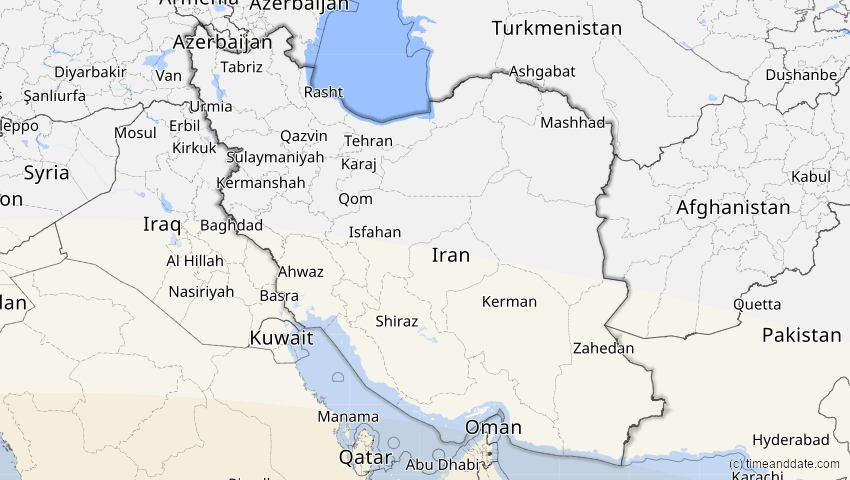 A map of Iran, showing the path of the 30. Apr 2041 Totale Sonnenfinsternis