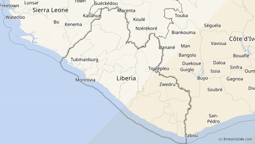 A map of Liberia, showing the path of the 30. Apr 2041 Totale Sonnenfinsternis
