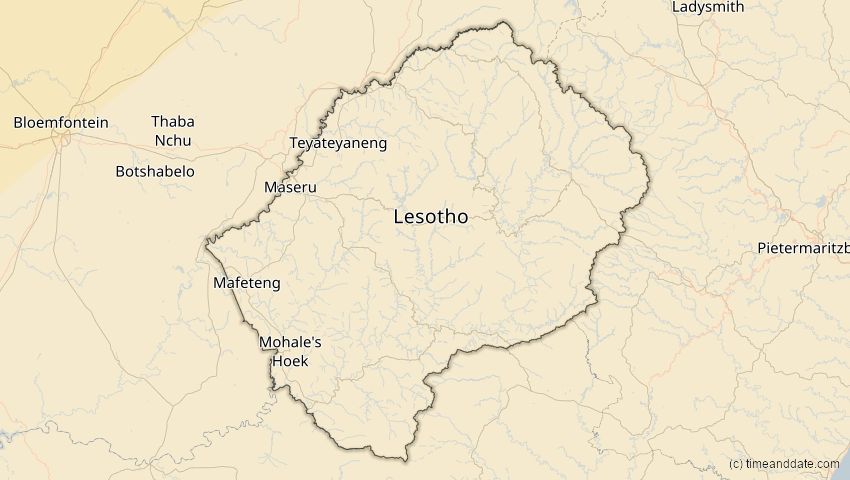 A map of Lesotho, showing the path of the 30. Apr 2041 Totale Sonnenfinsternis