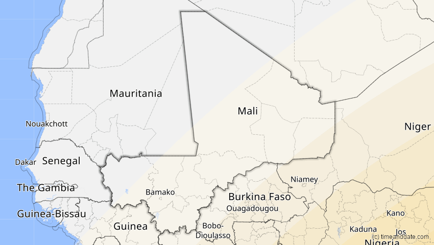A map of Mali, showing the path of the 30. Apr 2041 Totale Sonnenfinsternis