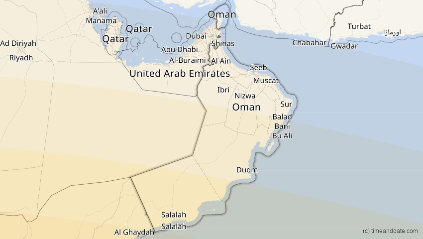 A map of Oman, showing the path of the 30. Apr 2041 Totale Sonnenfinsternis