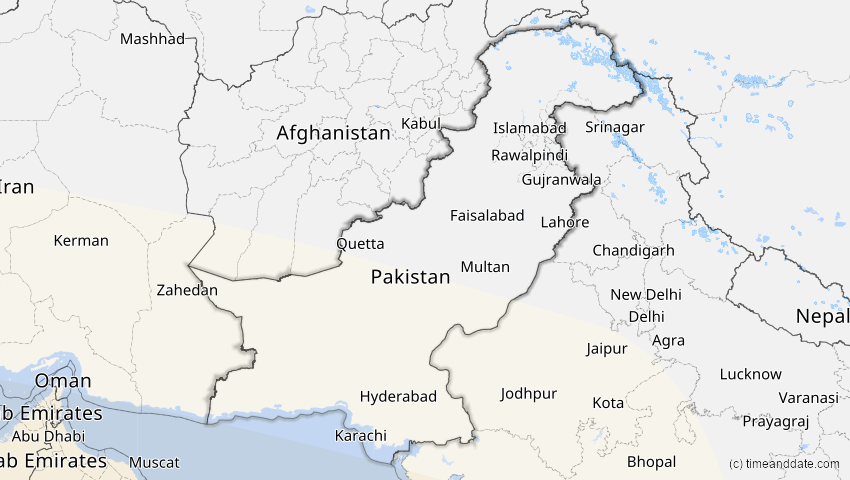 A map of Pakistan, showing the path of the 30. Apr 2041 Totale Sonnenfinsternis