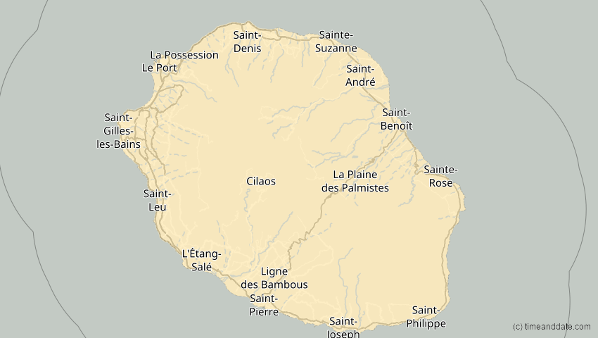 A map of Réunion, showing the path of the 30. Apr 2041 Totale Sonnenfinsternis
