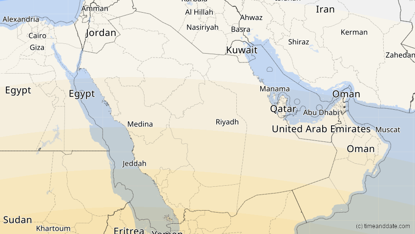 A map of Saudi-Arabien, showing the path of the 30. Apr 2041 Totale Sonnenfinsternis