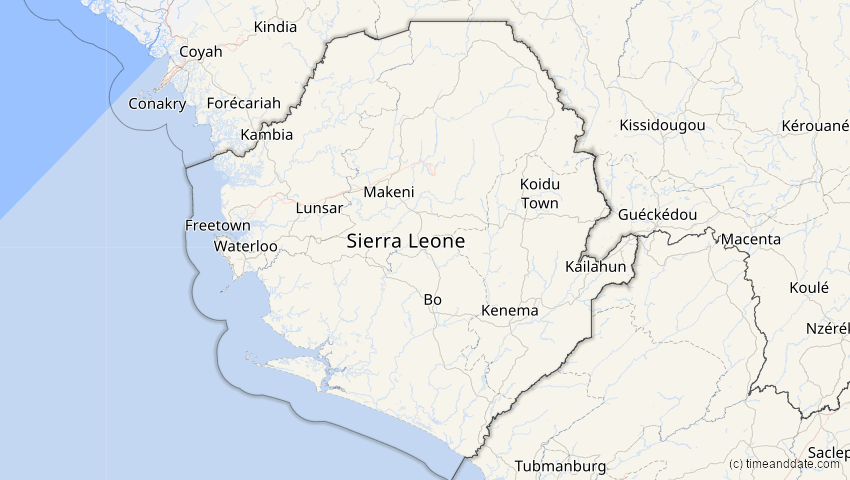 A map of Sierra Leone, showing the path of the 30. Apr 2041 Totale Sonnenfinsternis