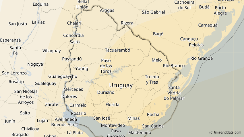 A map of Uruguay, showing the path of the 30. Apr 2041 Totale Sonnenfinsternis