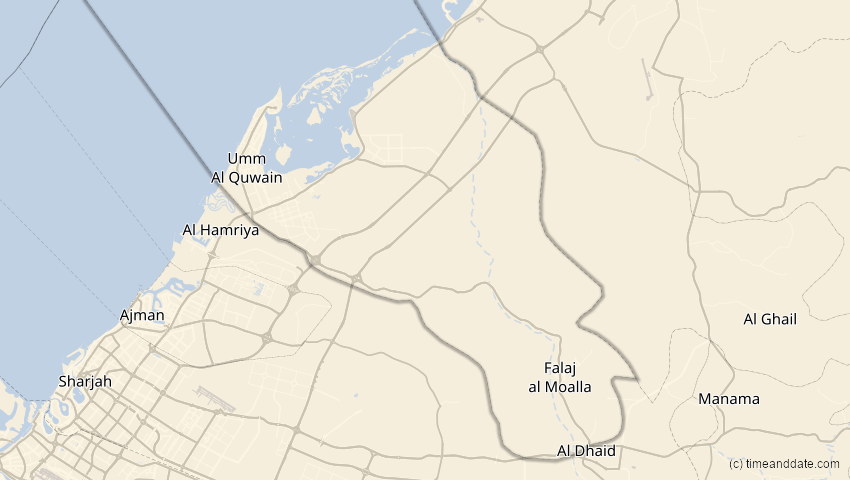 A map of Umm al-Qaiwain, Vereinigte Arabische Emirate, showing the path of the 30. Apr 2041 Totale Sonnenfinsternis
