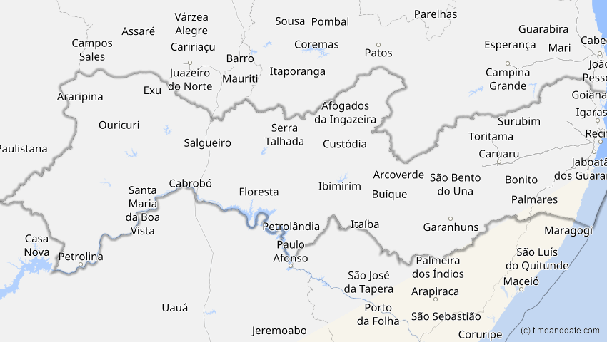 A map of Pernambuco, Brasilien, showing the path of the 30. Apr 2041 Totale Sonnenfinsternis