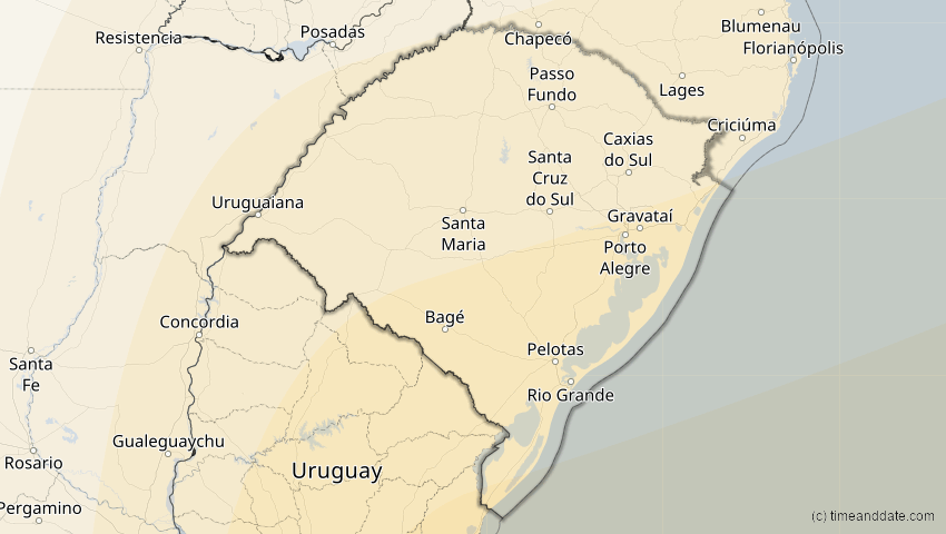 A map of Rio Grande do Sul, Brasilien, showing the path of the 30. Apr 2041 Totale Sonnenfinsternis