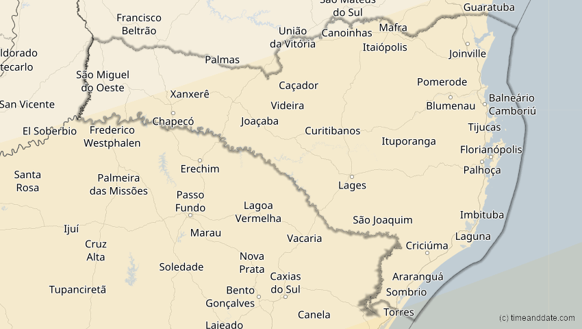 A map of Santa Catarina, Brasilien, showing the path of the 30. Apr 2041 Totale Sonnenfinsternis