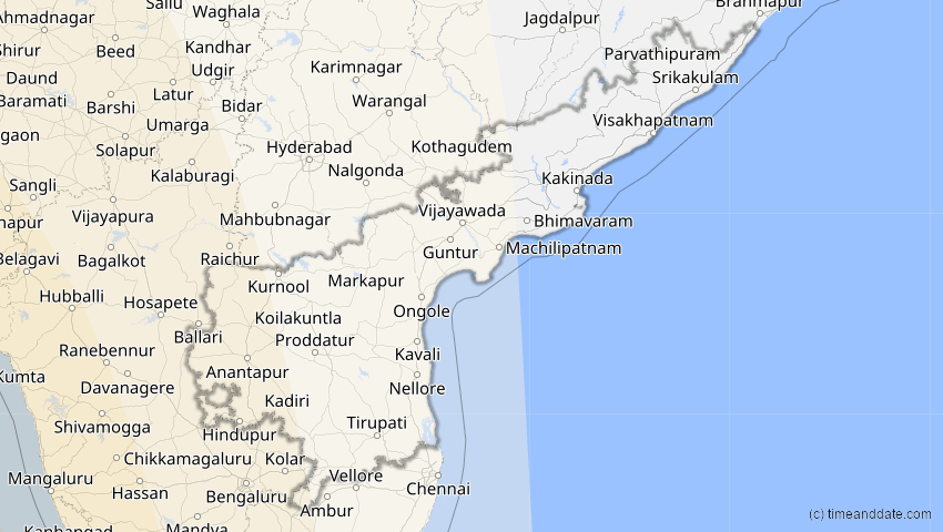A map of Andhra Pradesh, Indien, showing the path of the 30. Apr 2041 Totale Sonnenfinsternis