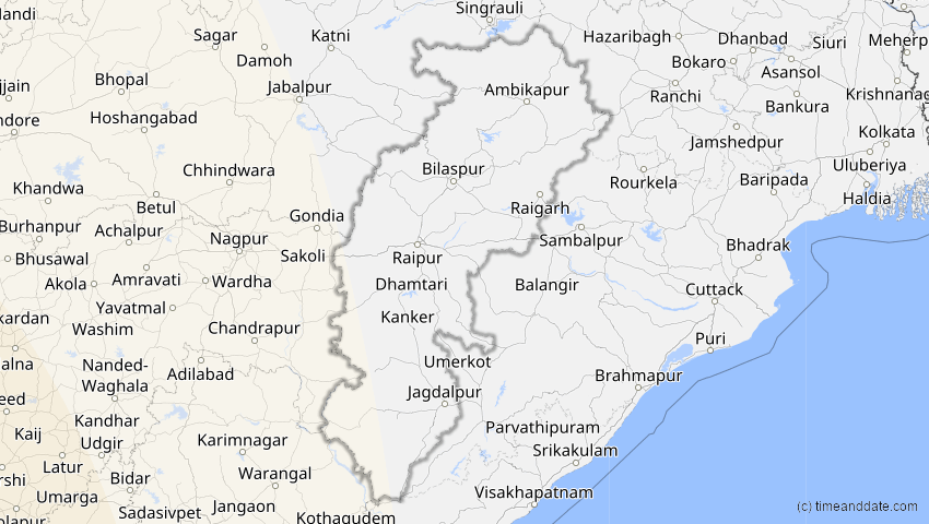 A map of Chhattisgarh, Indien, showing the path of the 30. Apr 2041 Totale Sonnenfinsternis