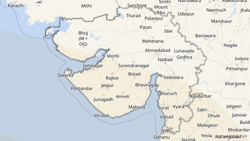 A map of Gujarat, Indien, showing the path of the 30. Apr 2041 Totale Sonnenfinsternis