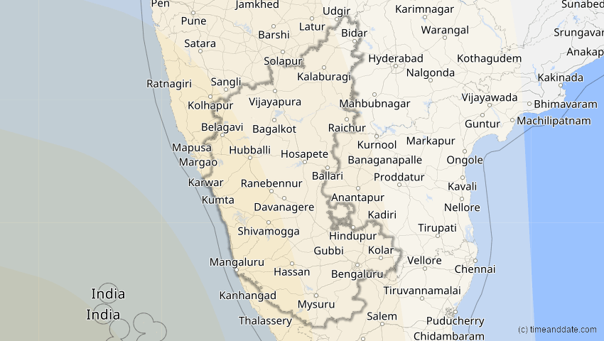 A map of Karnataka, Indien, showing the path of the 30. Apr 2041 Totale Sonnenfinsternis