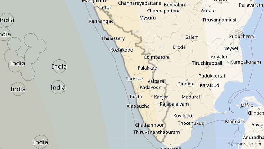 A map of Kerala, Indien, showing the path of the 30. Apr 2041 Totale Sonnenfinsternis