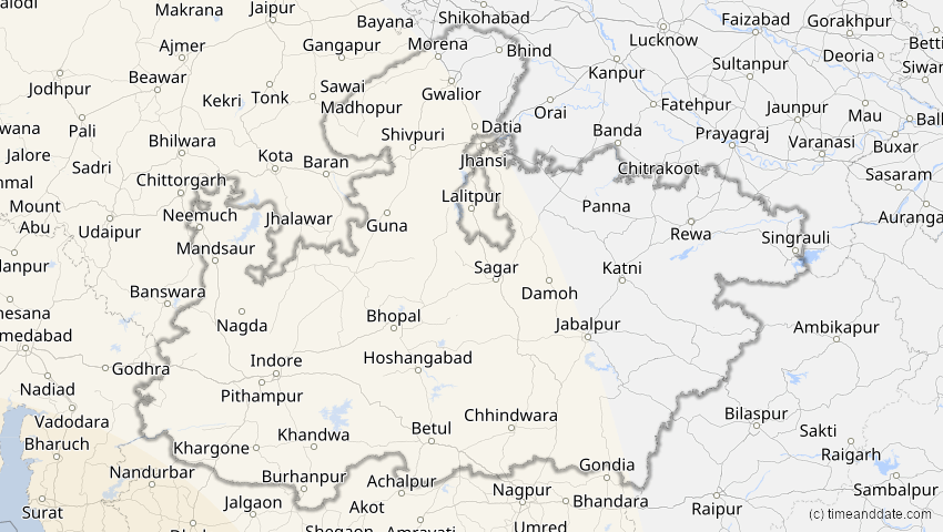 A map of Madhya Pradesh, Indien, showing the path of the 30. Apr 2041 Totale Sonnenfinsternis