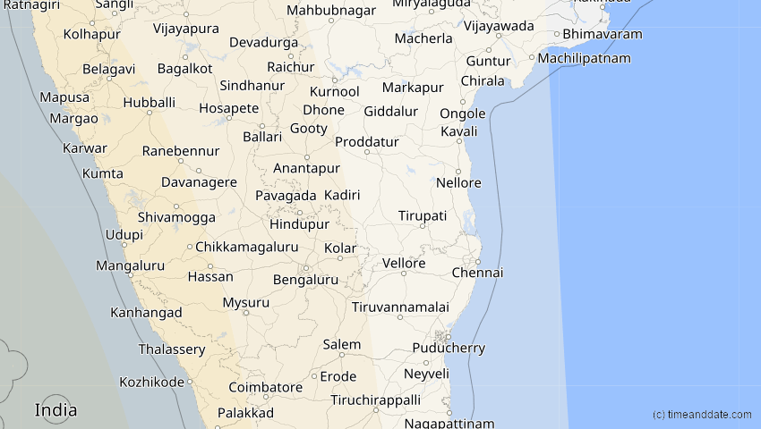 A map of Pondicherry, Indien, showing the path of the 30. Apr 2041 Totale Sonnenfinsternis