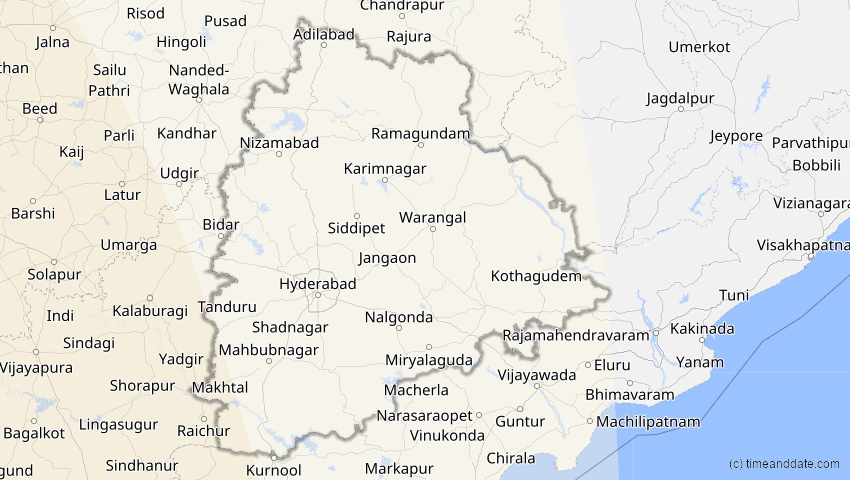 A map of Telangana, Indien, showing the path of the 30. Apr 2041 Totale Sonnenfinsternis
