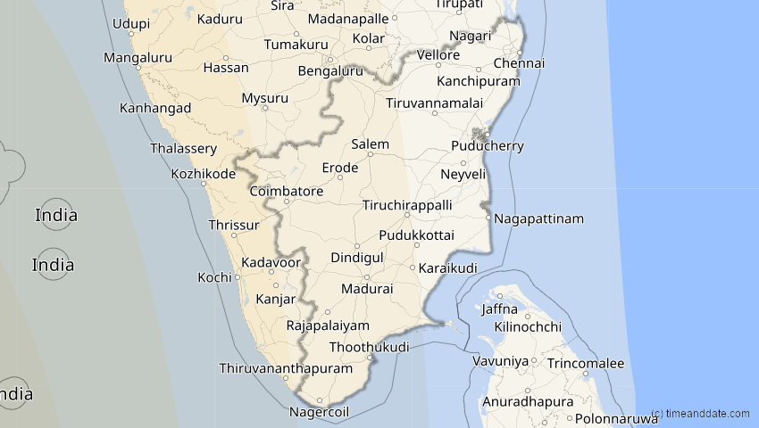 A map of Tamil Nadu, Indien, showing the path of the 30. Apr 2041 Totale Sonnenfinsternis