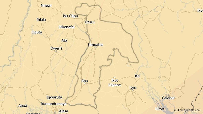 A map of Abia, Nigeria, showing the path of the 30. Apr 2041 Totale Sonnenfinsternis
